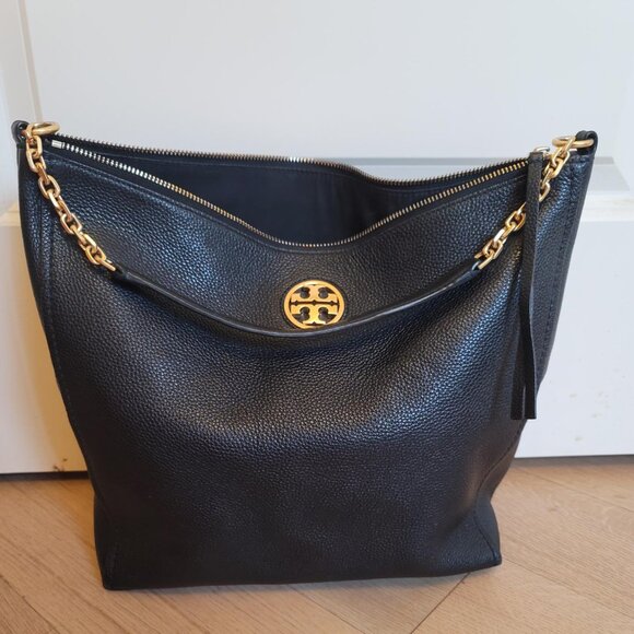 Tory Burch Slouchy Pebbled Leather Hobo Bag - Black - Picture 1 of 10